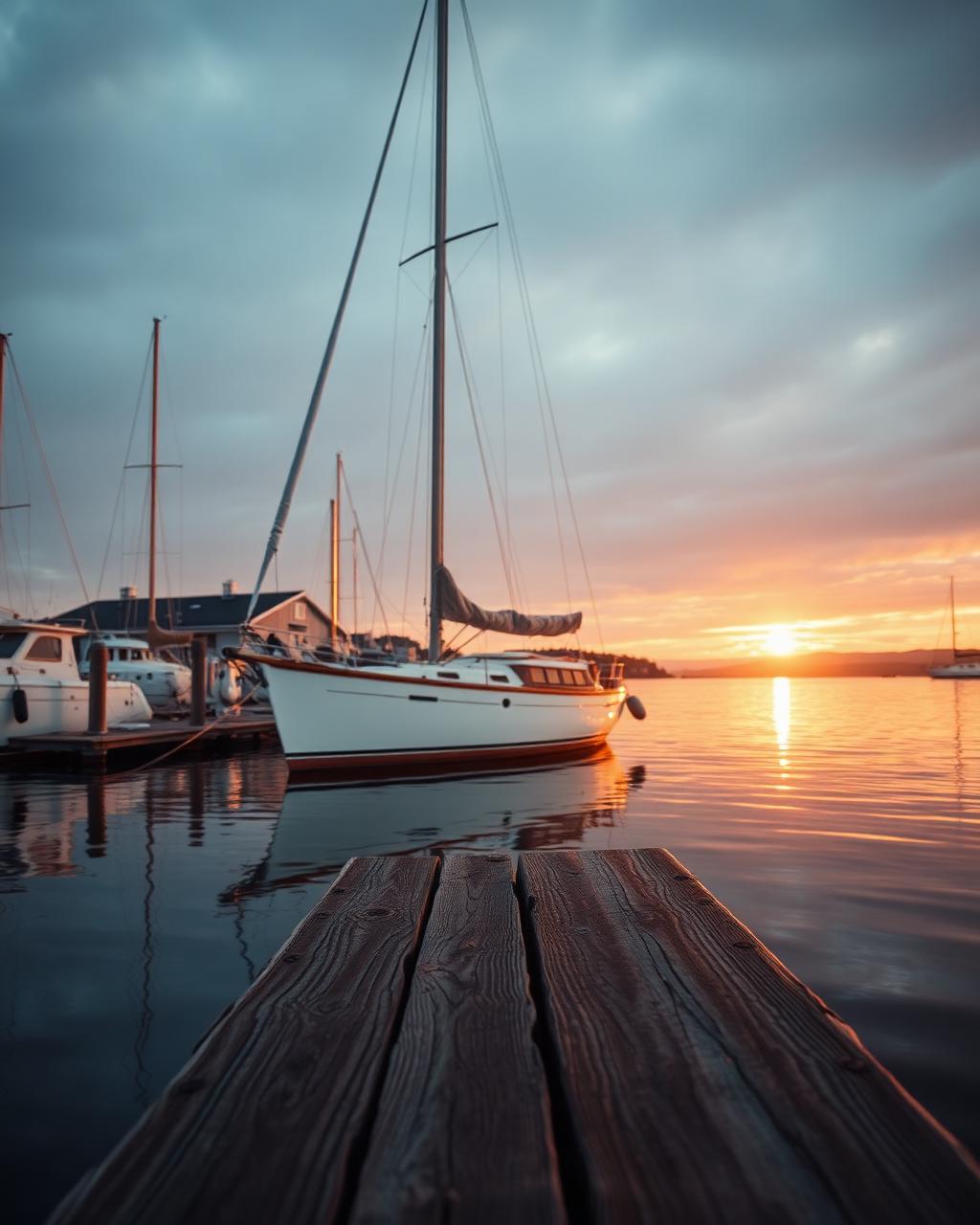 Segelbåt vid brygga i skandinavisk hamn i kvällsljus